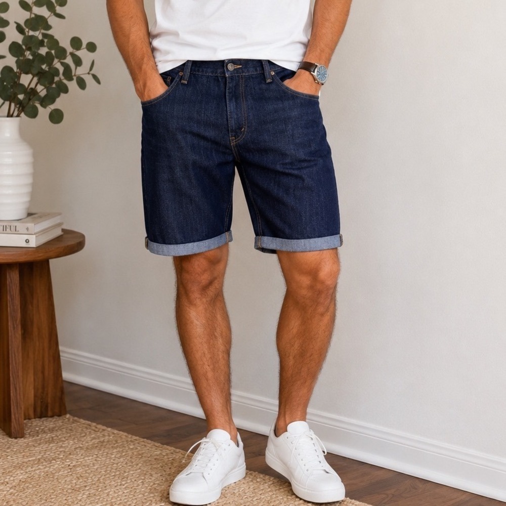 Levis 569 Loose Straight Denim Shorts Mens 42 Dark Indigo Blue Cuffed Jorts